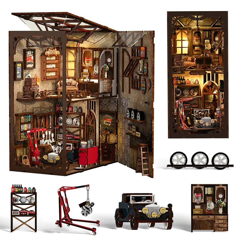 Industrial pendant lamp as main light source inside【Craftsmanship Repair Shop】， supplemented by floor lamp and desk lamp on second floor for localized fill light, tool racks and vintage car casting sharply defined shadows on walls, enhancing spatial depth and rugged texture of the workshop