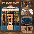 【Pergola Reading Room】 Detail real shots and assembly demo: showing the assembly process of the miniature shelf, using tweezers to finely adjust the blue-and-white bouquet ornament; also displays details of finished bookshelves, clock, round table, and barstools, enjoying the fun of fine craftsmanship
