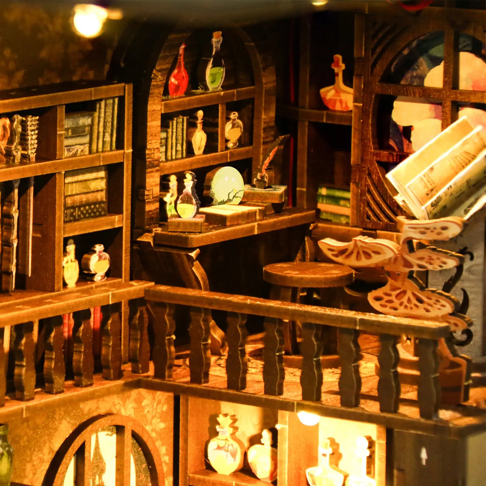 Miniature stacked spell books with open pages inside【Magic Night】， mysterious symbols on spines