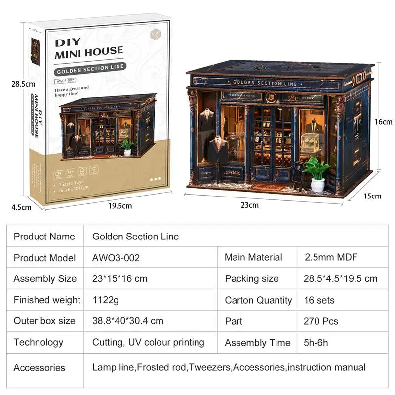 【Golden Section Line】 White packaging box vs. finished product comparison | Box size 28.5*19.5*4.5cm; specs show model AWO3-002, 2.5mm MDF material, 1122g, 270 pieces
