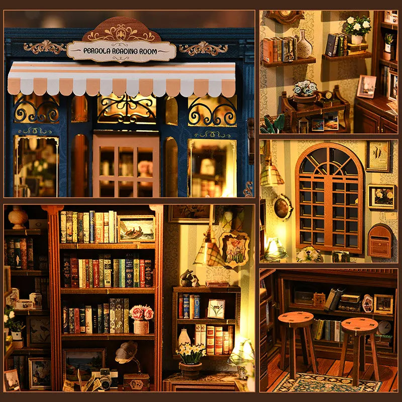 【Pergola Reading Room】 Detail real shots display: ① openable European wooden door with welcome sign; ② vintage wall clock and shelf; ③ neatly arranged hardcover bookshelves; ④ chalkboard sign; ⑤ two wooden barstools; ⑥ tweezers picking up miniature ornaments. Rich details, relaxing assembly
