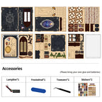 【The Realm of the Magic Book】 Unboxing contents: multiple laser-cut printed wooden sheets, light wire assembly (with battery box, batteries not included), frosted rod, tweezers, 2 sticker sheets, and manual. (Note: glue and batteries not included)