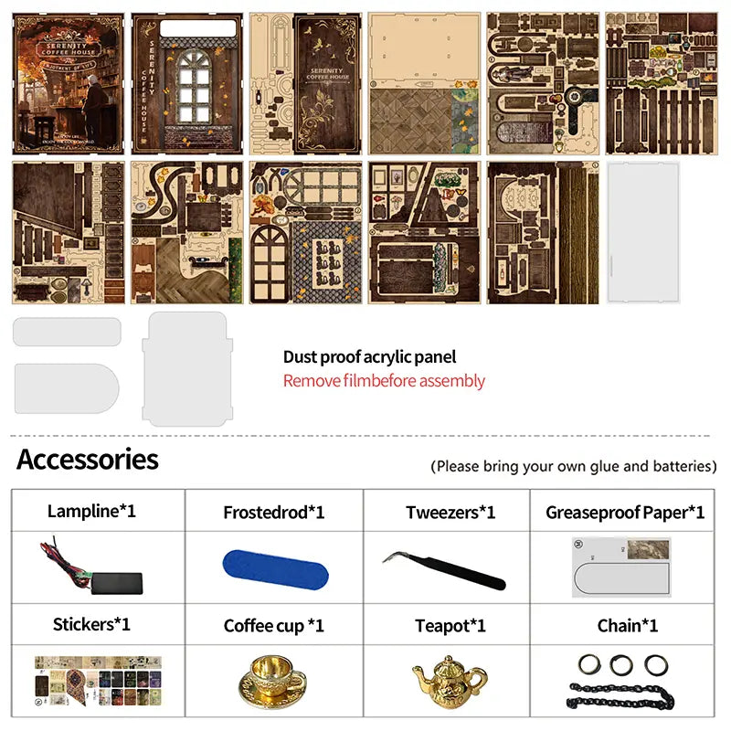 Coffee-themed stickers and cozy decorative pieces included in Serenity Coffee House kit, adding realism to the miniature scene