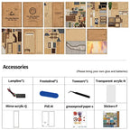 The Alley Waiting for the Cat book nook kit accessories list – includes lamp wire, frosted rod, tweezers, transparent acrylic, mirror acrylic, PVE, greaseproof paper and stickers, complete DIY miniature alley kit contents

