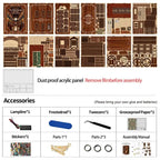 【The Philosophica Library】 assembly tips: ages 14 and up, small parts (miniature books, sculptures, portraits, chandelier components, beads) choking hazard, test LED wire and chandelier beads for power before installation, follow manual step by step, chandelier beads and portraits require self-gluing | Minipata