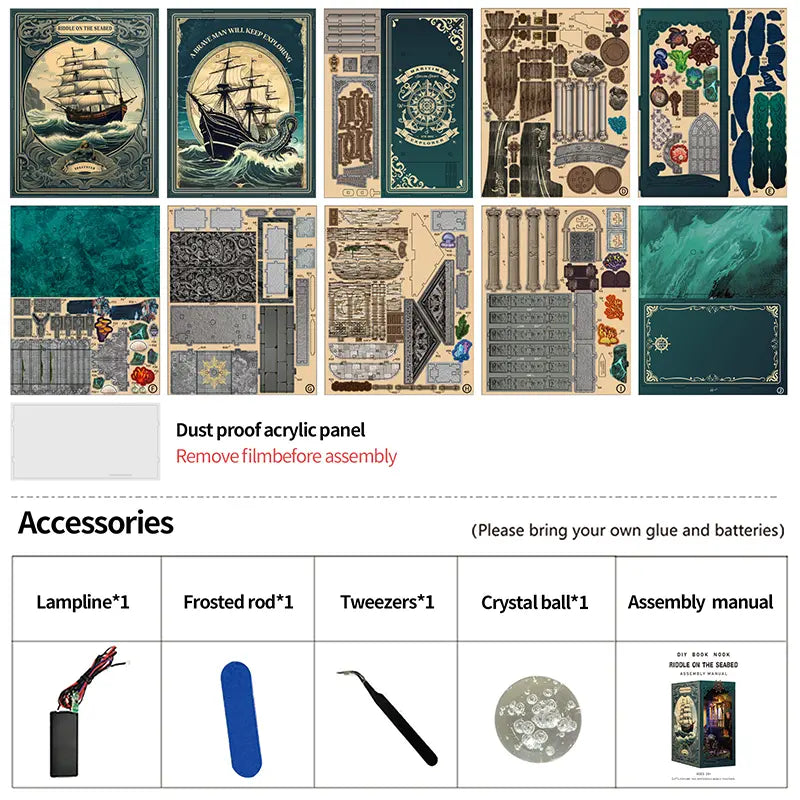 【Riddle on the Seabed】 DIY kit unboxing contents: includes multiple laser-cut wooden sheets, dustproof acrylic panel (remove film before assembly), lampline, frosted rod, tweezers, crystal ball component, and manual. (Note: glue and batteries not included)