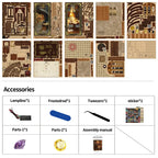 【Ancient Rhyme Library】 unboxing contents: imported MDF UV-printed sheets, dustproof acrylic panel, lampline, frosted rod, tweezers, stickers, purple/yellow gem accessories (for the secret compartment), and bilingual manual. (Note: glue and batteries not included)