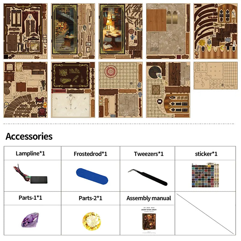 【Ancient Rhyme Library】 unboxing contents: imported MDF UV-printed sheets, dustproof acrylic panel, lampline, frosted rod, tweezers, stickers, purple/yellow gem accessories (for the secret compartment), and bilingual manual. (Note: glue and batteries not included)