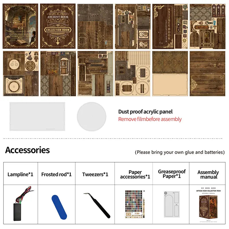 【Antique Book Collection Room】 DIY kit contents: multiple laser-cut wooden sheets, dustproof acrylic panel (remove film before assembly), lampline, frosted rod, tweezers, paper accessories, greaseproof paper, and manual. (Note: glue and batteries not included)