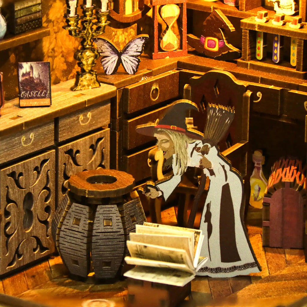 【Magic Night】 book nook displayed between books on a shelf, functional bookend and fantasy art home decor