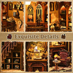 【Ancient Rhyme Library】 detail close-ups: arched window and globe on the second floor, corner shelf with miniature books, glowing fireplace, vintage mantel clock, and tiny bird-shaped ornaments and coffee cups on the table, realistically recreating a Western vintage study