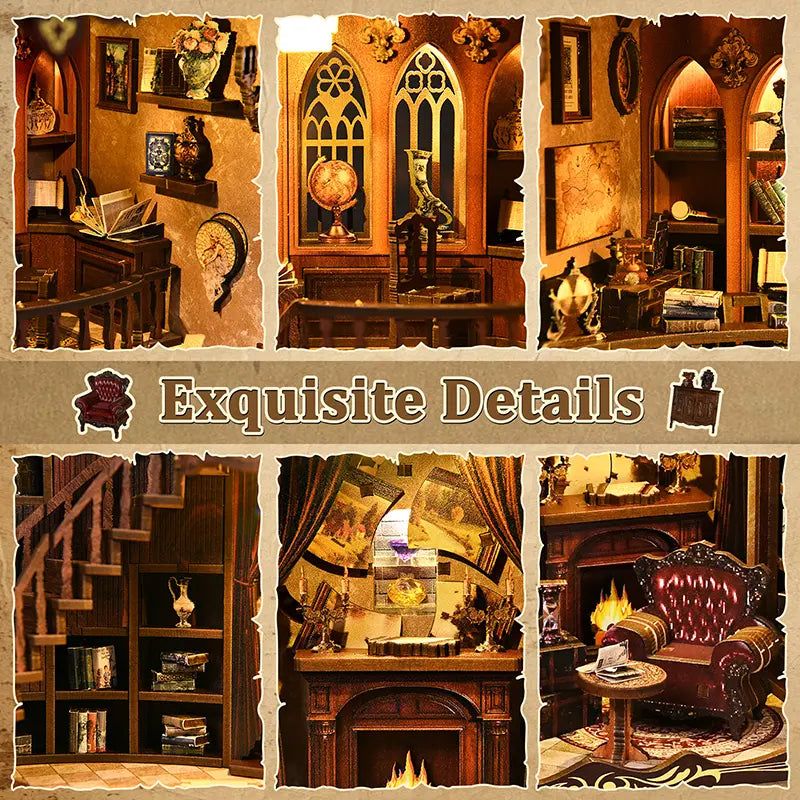【Ancient Rhyme Library】 detail close-ups: arched window and globe on the second floor, corner shelf with miniature books, glowing fireplace, vintage mantel clock, and tiny bird-shaped ornaments and coffee cups on the table, realistically recreating a Western vintage study