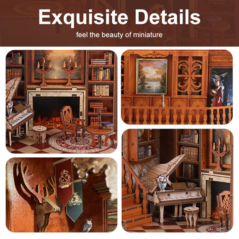 Close-up of detailed miniature accessories inside【GelinHouse】 book nook, realistic tiny scene
