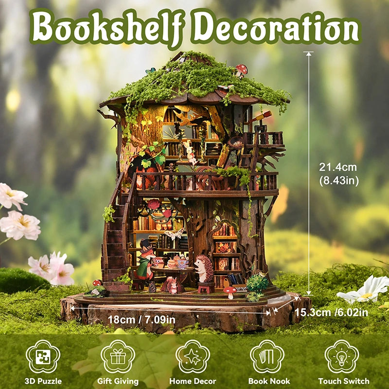 Forest Tea Book Club DIY Miniature Tree House - Bookshelf decoration display showing completed model as a premium home decor piece
