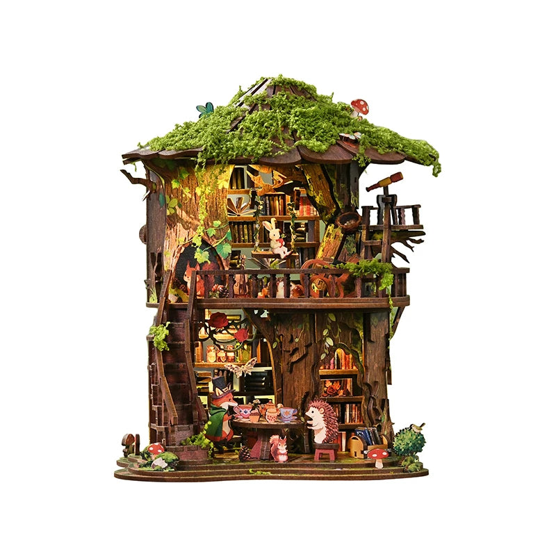 Forest Tea Book Club DIY Miniature Tree House - Completed model on white background, front view showing moss roof, wooden bookshelves, fox and hedgehog tea party scene with touch LED light
