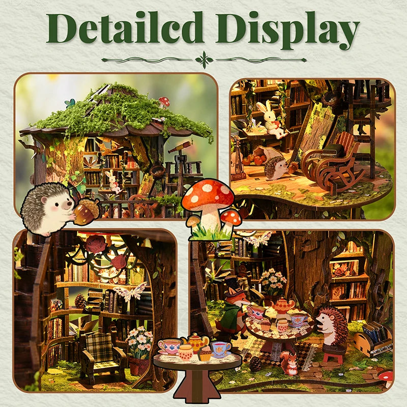 Forest Tea Book Club DIY Miniature Tree House - Nighttime touch LED lighting close-up showing warm glow through bookshelves and forest scene
