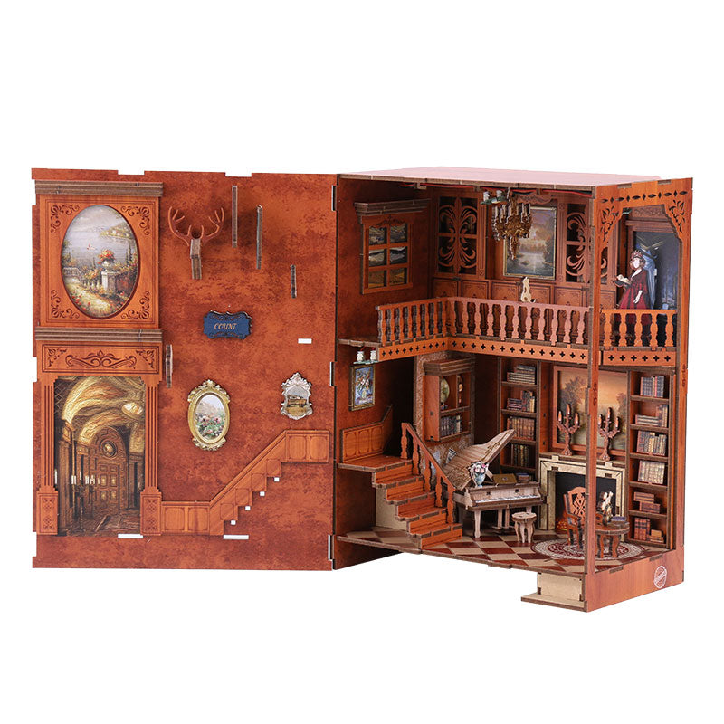 GelinHouse DIY book nook kit fully assembled with LED lights glowing