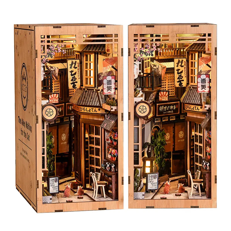The Alley Waiting for the Cat DIY book nook complete laser-cut wooden parts layout – all structural panels and decorative pieces included, precision cut Japanese miniature alley kit components
