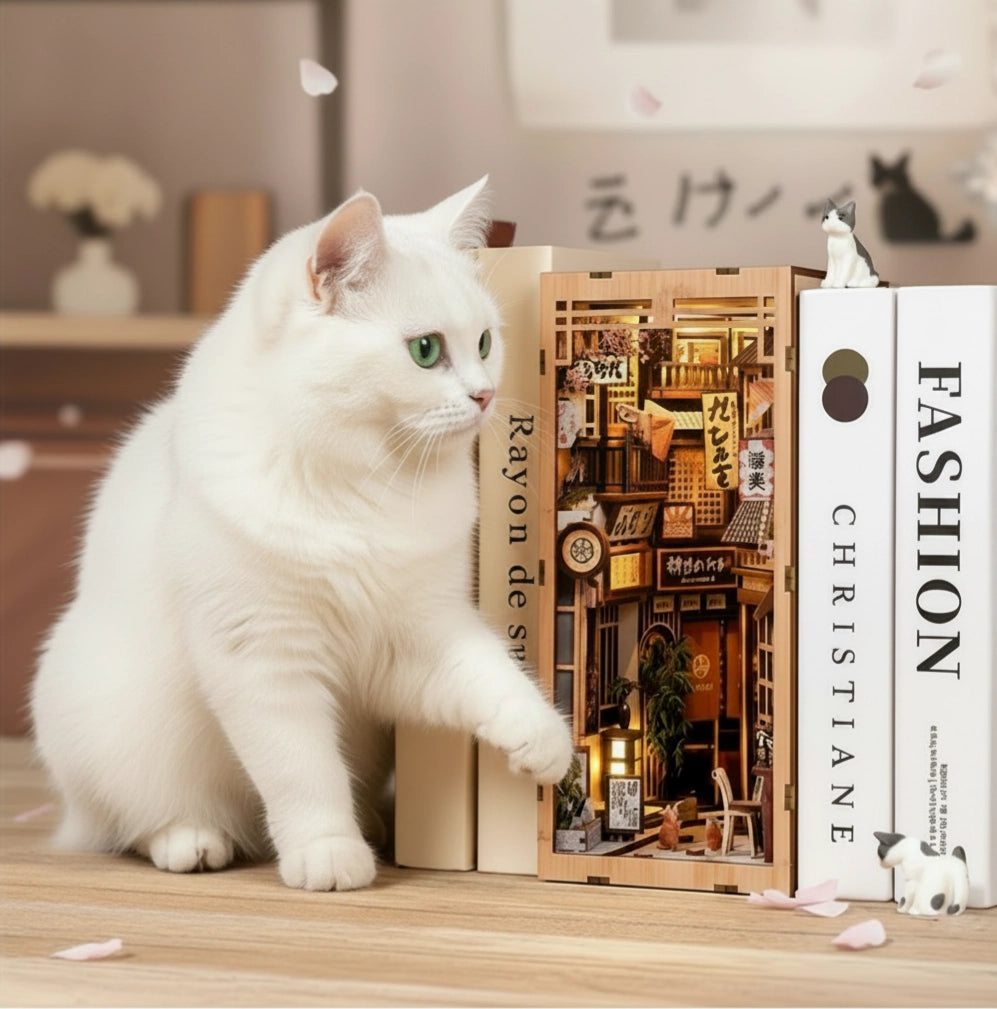 The Alley Waiting for the Cat DIY book nook miniature – white fluffy cat sitting beside Japanese alley wooden diorama with paw touching the facade, warm amber LED light glowing inside, cherry blossom petals, cozy Japanese book nook miniature alley kit
