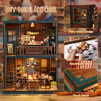 Bear Restaurant DIY miniature house assembly process – step-by-step build overview showing structural wooden panels, two-story frame construction, staircase and interior furniture placement for the miniature bear café
