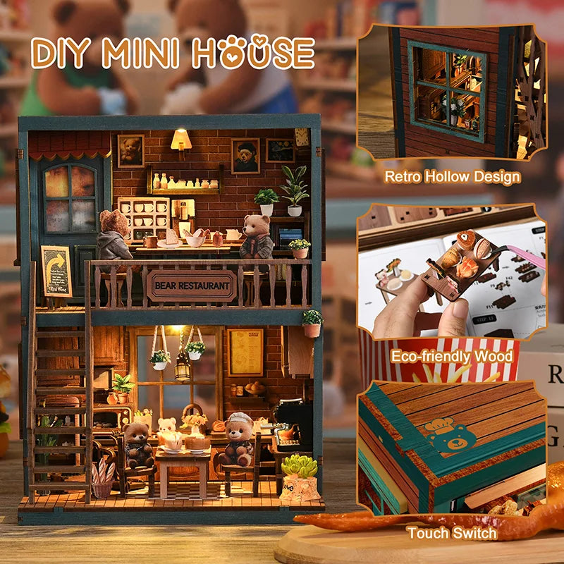 Bear Restaurant DIY miniature house assembly process – step-by-step build overview showing structural wooden panels, two-story frame construction, staircase and interior furniture placement for the miniature bear café
