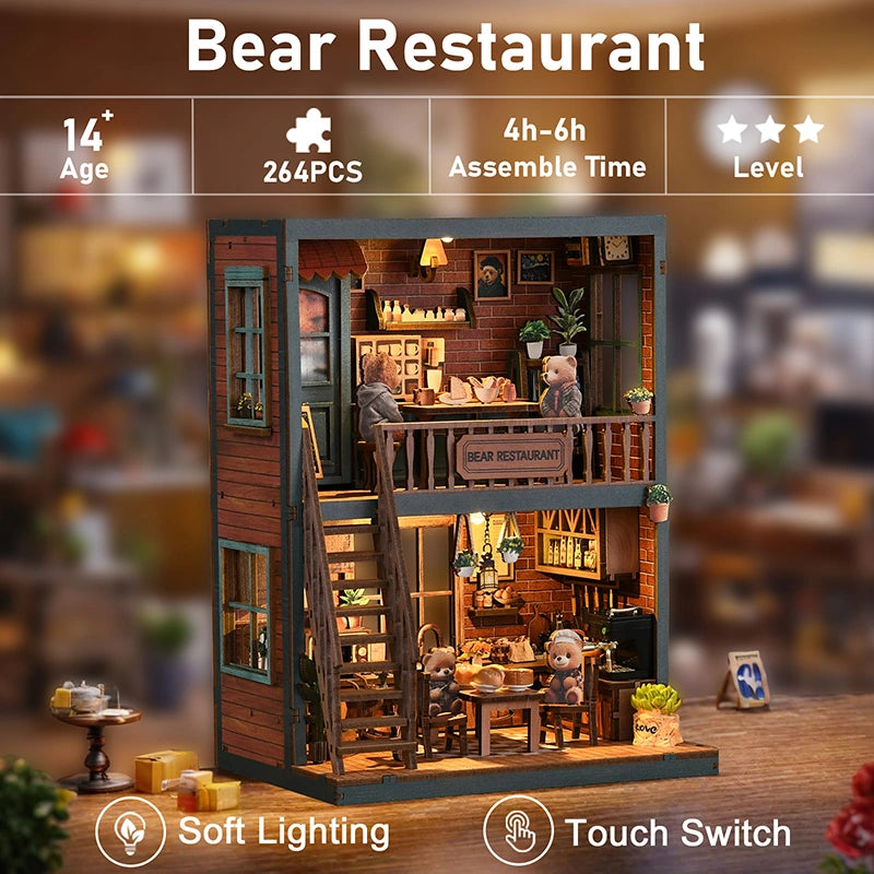 Bear Restaurant DIY miniature house four key features – touch switch lighting control, two-story structural design, eco-friendly wood assembly, hidden battery compartment, complete miniature café DIY kit
