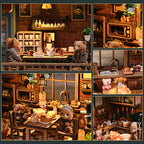 Bear Restaurant DIY miniature house multi-angle collage – front view, side view and interior close-ups showing two-story brick café structure, wooden staircase, hanging plants, lantern and bear figurines
