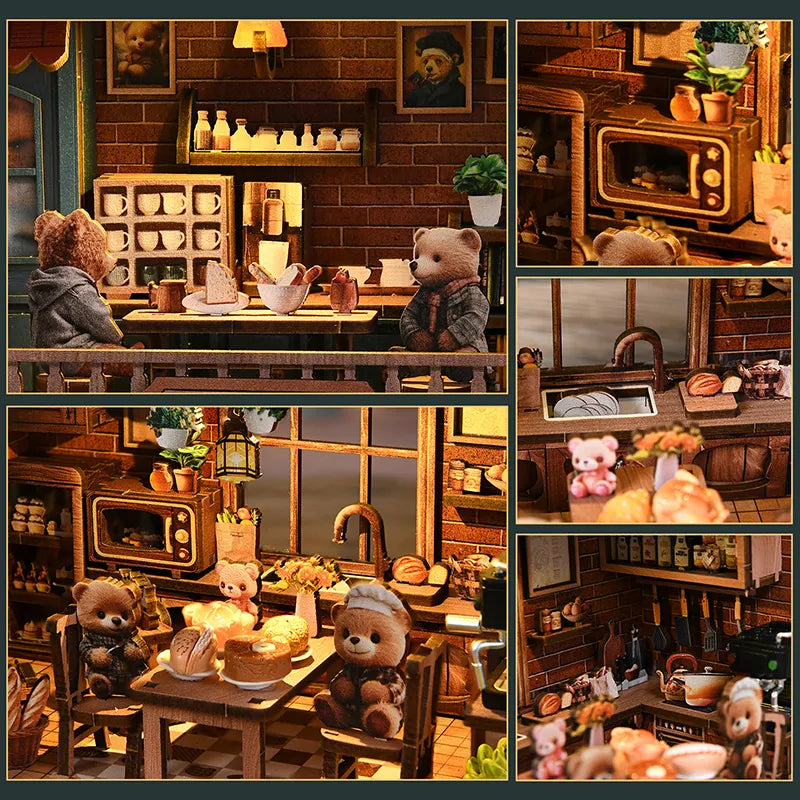 Bear Restaurant DIY miniature house multi-angle collage – front view, side view and interior close-ups showing two-story brick café structure, wooden staircase, hanging plants, lantern and bear figurines
