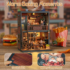 Bear Restaurant DIY miniature house warm dining scene – two bear figurines seated at candlelit table on ground floor, hanging lantern and potted plants overhead, cozy brick-wall café atmosphere with warm amber LED light
