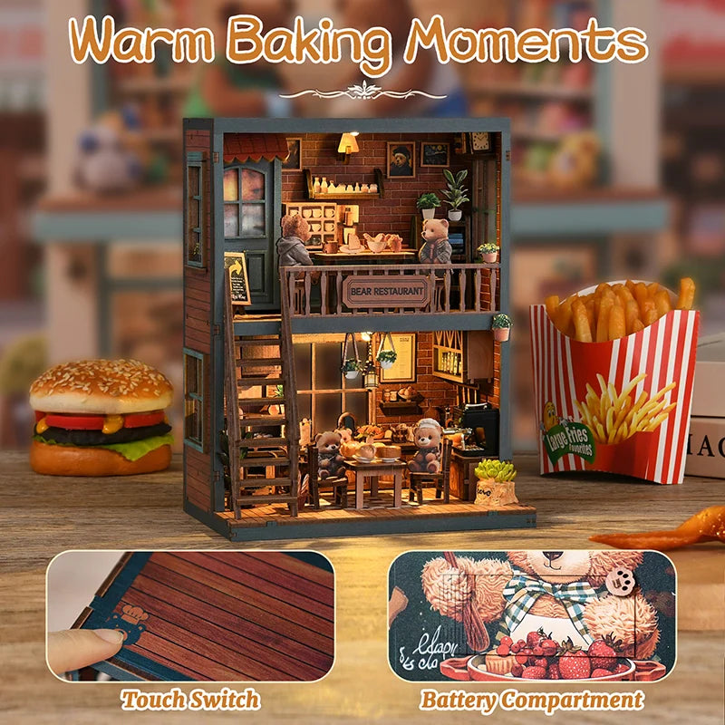 Bear Restaurant DIY miniature house warm dining scene – two bear figurines seated at candlelit table on ground floor, hanging lantern and potted plants overhead, cozy brick-wall café atmosphere with warm amber LED light
