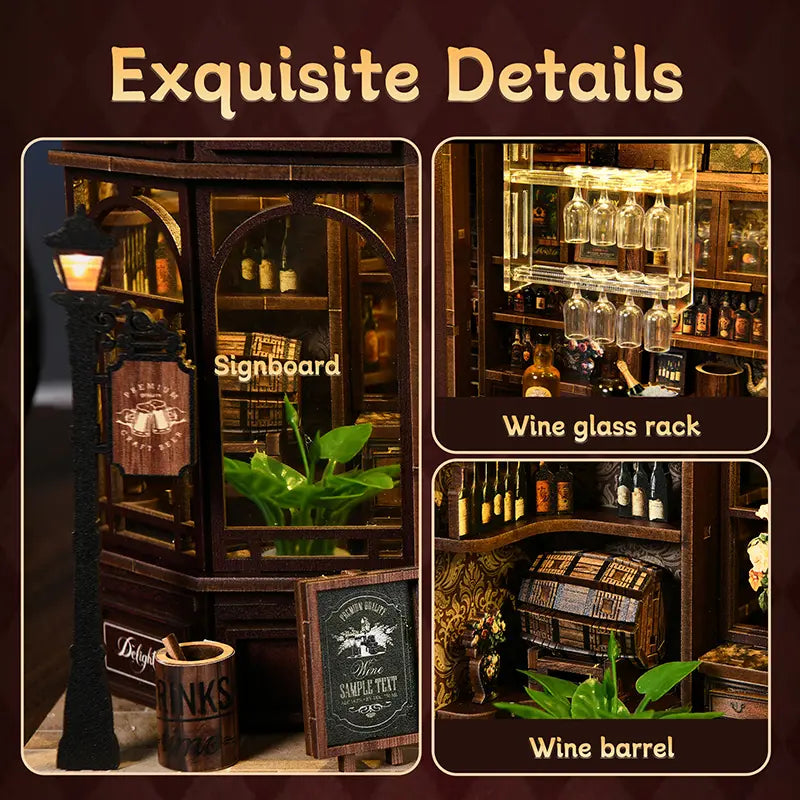 Corner Tavern DIY miniature book nook assembled 45-degree view – Victorian wooden pub with warm amber bar lighting, wine bottles on shelves, hanging wine glasses, wooden barrels and street lamp, handcrafted miniature tavern diorama
