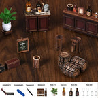 Corner Tavern DIY miniature simple and easy to assemble – hands placing miniature whisky bottles and ice bucket on marble bar counter, step-by-step instruction manual shown below, handcrafted Victorian pub miniature kit
