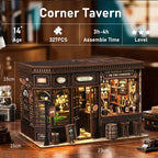 Corner Tavern DIY miniature dimensions and features – 15cm height, 23cm width, 15cm depth, touch switch LED lighting, bookshelf decoration, 3D puzzle, gift giving and home decor, Victorian pub miniature kit