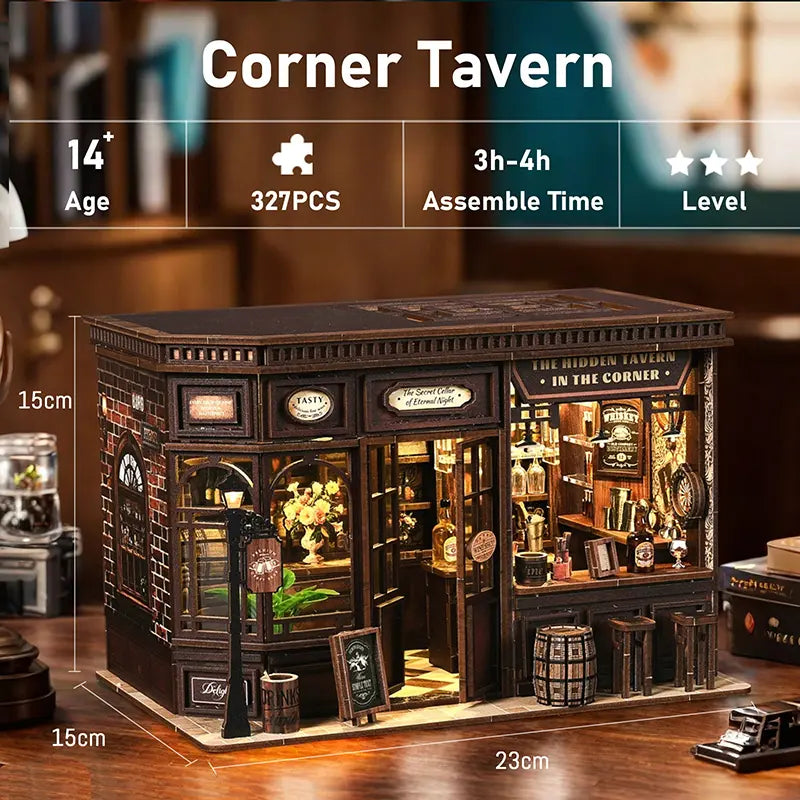 Corner Tavern DIY miniature dimensions and features – 15cm height, 23cm width, 15cm depth, touch switch LED lighting, bookshelf decoration, 3D puzzle, gift giving and home decor, Victorian pub miniature kit