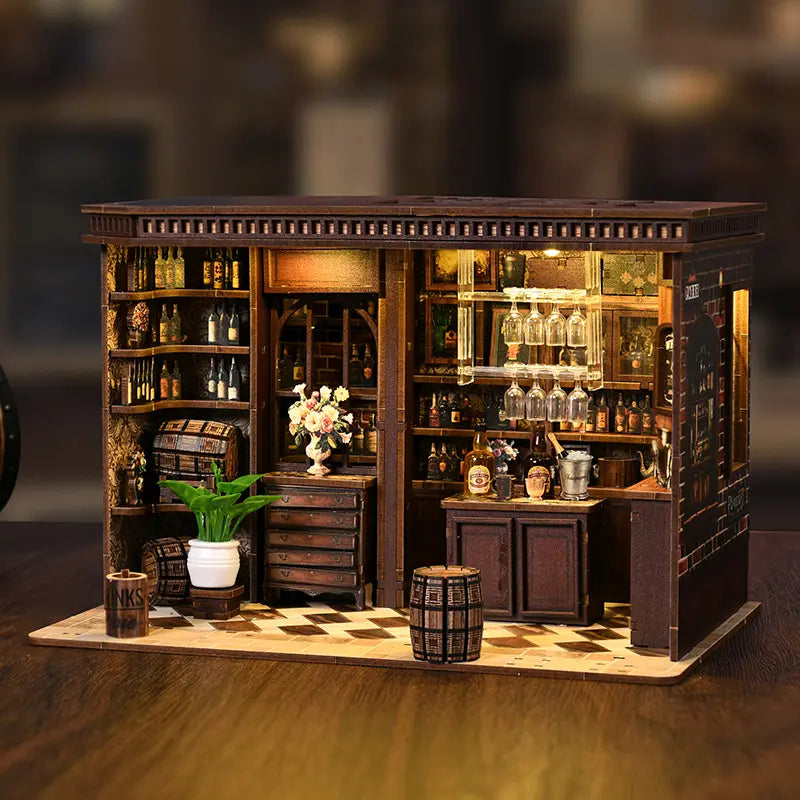 Corner Tavern DIY miniature book nook front view – Victorian wooden pub facade with warm LED bar lighting, wine shop window, street lamp, wooden barrels and bar stools, The Hidden Tavern In The Corner miniature kit
