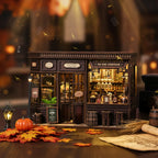 Corner Tavern DIY miniature book nook – Victorian wooden pub with warm amber LED bar lighting, wine bottles on shelves, bar stools and wooden barrels, The Hidden Tavern In The Corner sign, cozy British tavern miniature diorama kit
