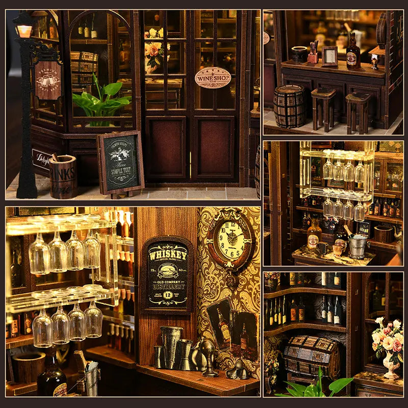 Corner Tavern DIY miniature six-angle collage – front facade, bar interior with wine glasses, barrel detail, street lamp close-up, brick wall texture and rooftop view, handcrafted Victorian pub miniature diorama
