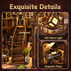Dreamy Book Hall DIY miniature house complete accessories checklist – all included components: laser-cut wooden sheets, LED light wire, battery box, tweezers, frosted rod, sticker sheets, miniature figures, furniture and plant props
