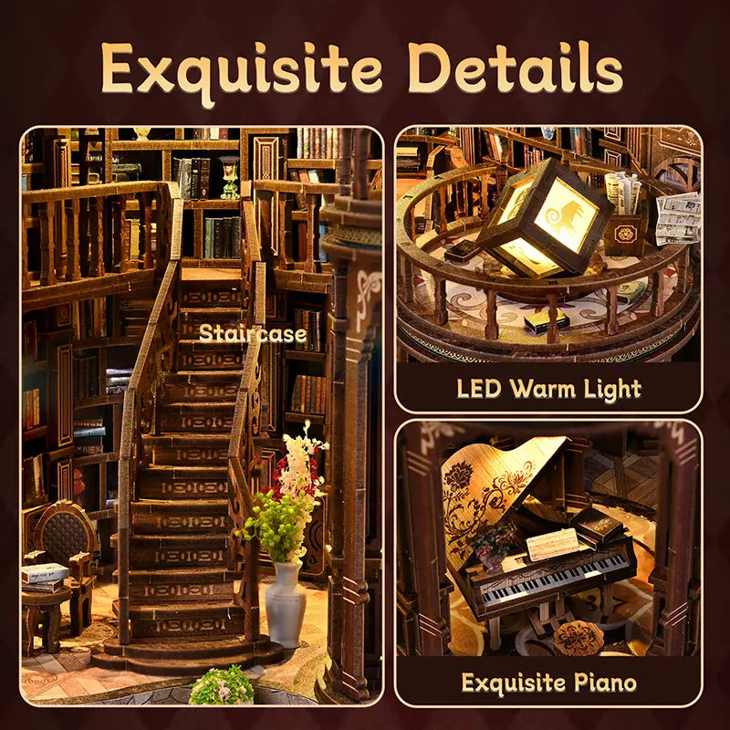 Dreamy Book Hall DIY miniature house complete accessories checklist – all included components: laser-cut wooden sheets, LED light wire, battery box, tweezers, frosted rod, sticker sheets, miniature figures, furniture and plant props
