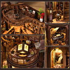 Dreamy Book Hall DIY miniature house five-scene detail collage – aerial view of circular balcony with reading desk and flowers, reading corner with armchair and lantern, miniature grand piano with floral carving, arched doorway with white bird figurine, and glowing square lantern close-up
