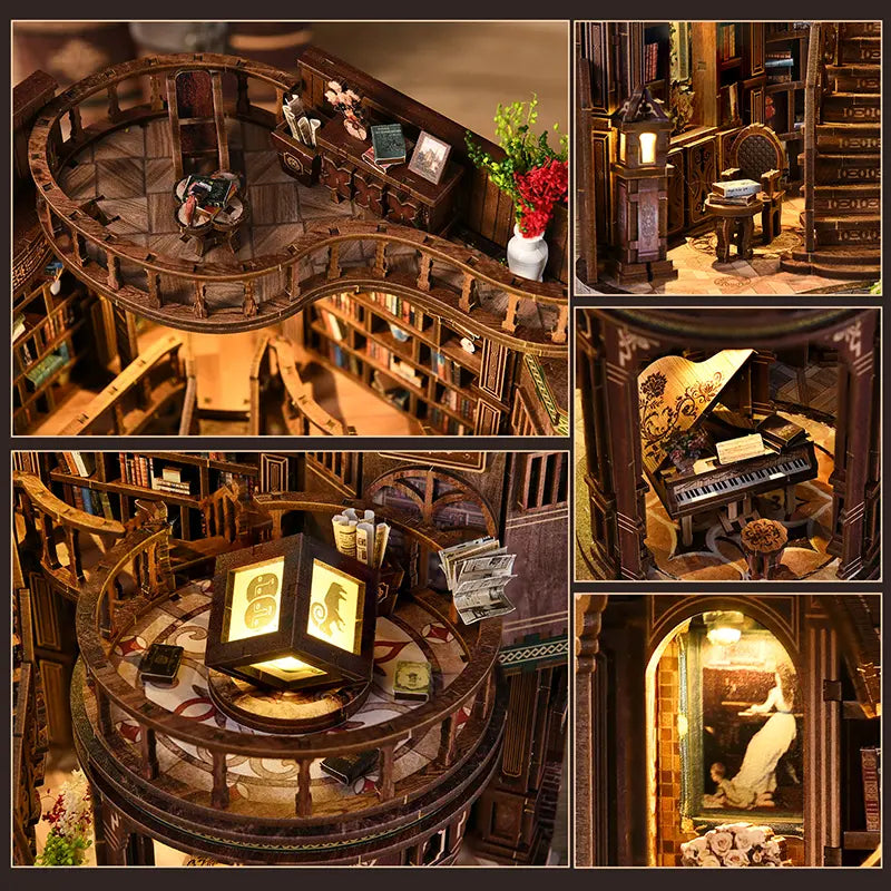 Dreamy Book Hall DIY miniature house five-scene detail collage – aerial view of circular balcony with reading desk and flowers, reading corner with armchair and lantern, miniature grand piano with floral carving, arched doorway with white bird figurine, and glowing square lantern close-up
