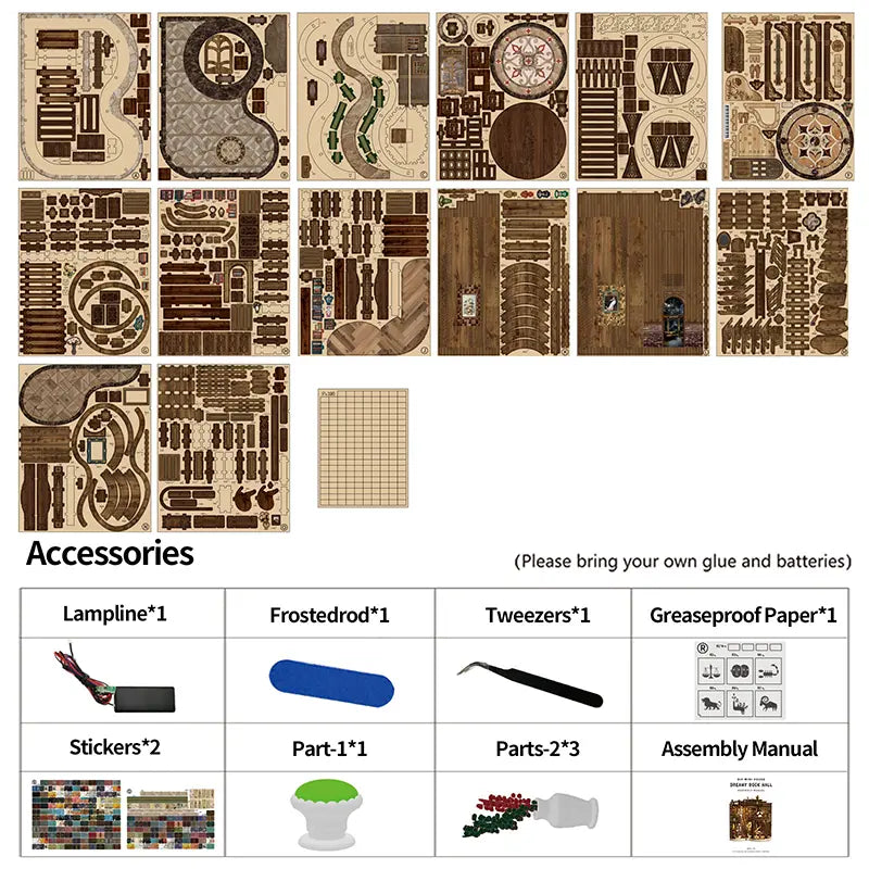 Dreamy Book Hall DIY miniature house full kit contents overview – complete unboxing display showing all laser-cut wooden sheets, accessories, tools and instruction manual included in the miniature library diorama kit
