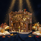Dreamy Book Hall DIY miniature house – fully assembled multi-story wooden library diorama under dramatic spotlight, warm amber LED glow illuminating circular balconies, spiral staircase, bookshelves and miniature figures, autumn leaves scattered around base
