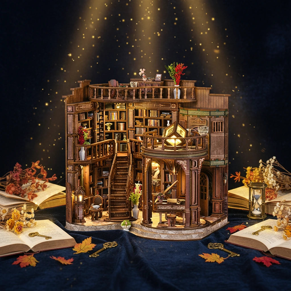 Dreamy Book Hall DIY miniature house – fully assembled multi-story wooden library diorama under dramatic spotlight, warm amber LED glow illuminating circular balconies, spiral staircase, bookshelves and miniature figures, autumn leaves scattered around base
