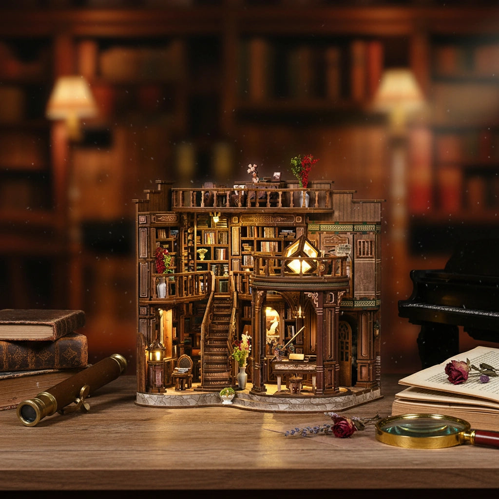 Dreamy Book Hall DIY miniature house displayed on a walnut desk surrounded by antique books, brass telescope and magnifying glass, warm LED lights glowing from multi-story wooden library interior, cozy European library setting
