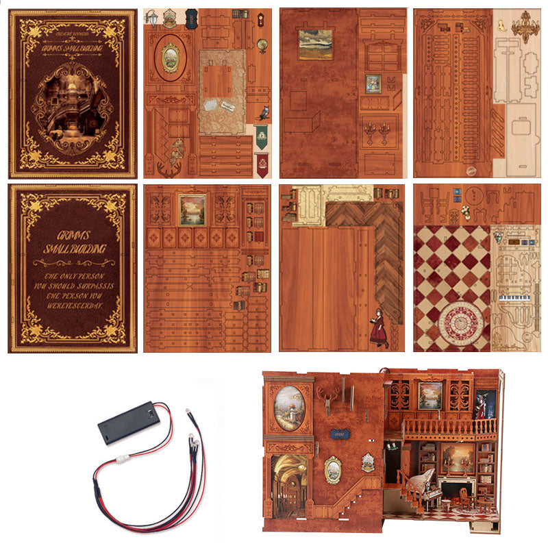 GelinHouse DIY kit contents: wooden pieces, LED wire, instruction manual, and tools
