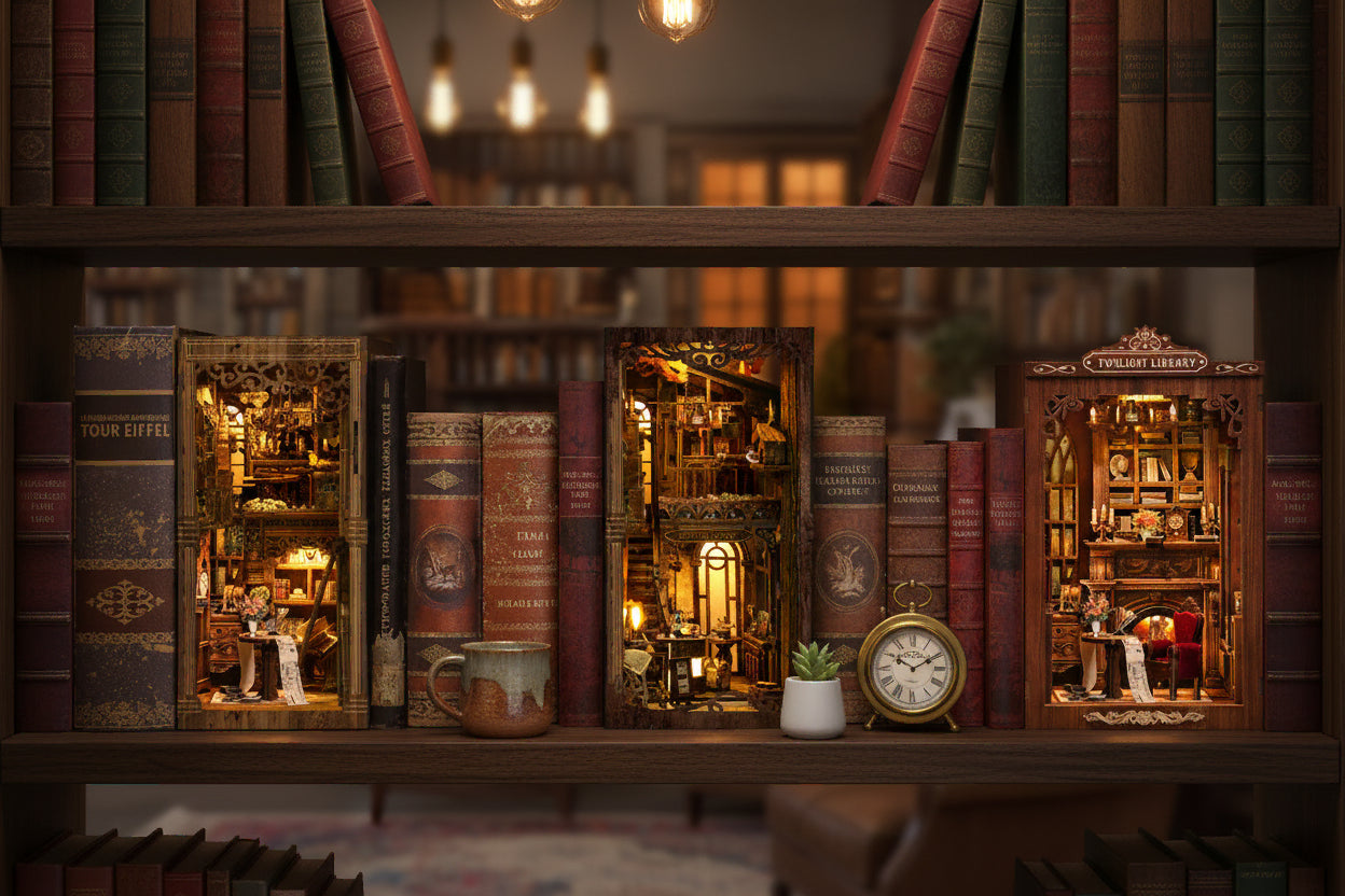 MiniPata miniature book nook dioramas displayed on a warm wooden bookshelf — handcrafted wooden diorama collection