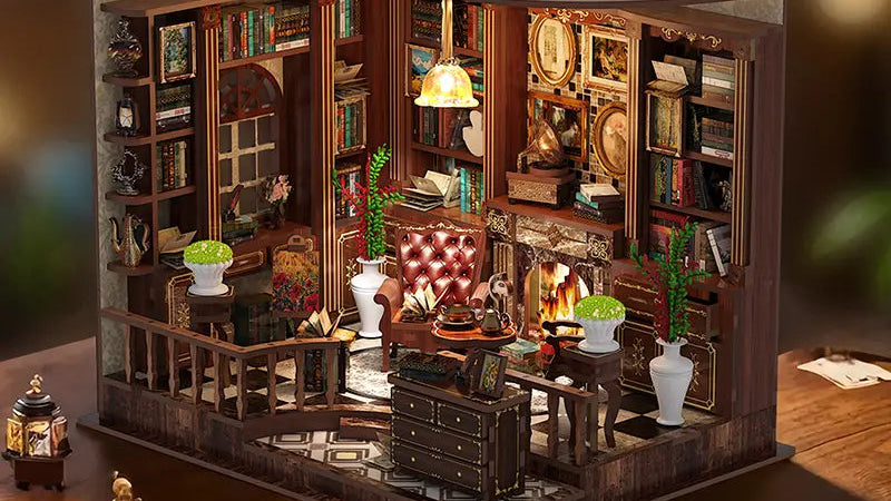Miniature dollhouse assembly process – Left Bank Study book nook kit by Minipata