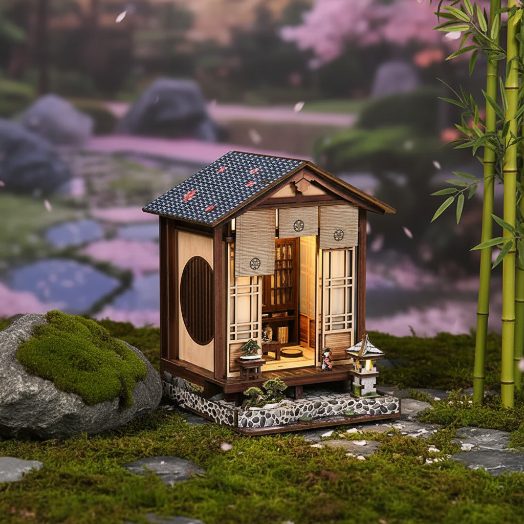 Moss Lantern Harmony Garden DIY book nook miniature – Japanese wooden tea house with dark tiled roof, warm LED interior lighting, moss garden with stone path, bonsai tree and stone lantern, cozy Japanese garden book nook kit
