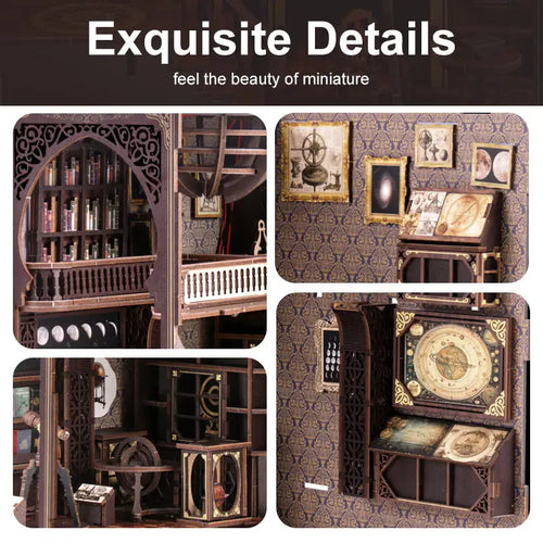Museum of Astronomy book nook exquisite details collage – four close-up scenes showing miniature telescope on balcony, moon phase chart, astronomical clock face, and antique instrument shelves inside the wooden miniature museum

